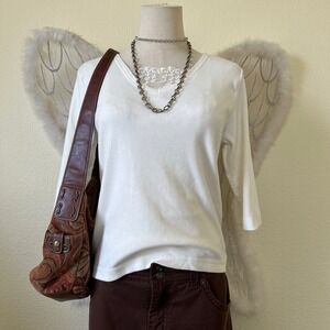 Girly Grunge White 3/4 Sleeve V-Neck Lace Trim Top Shirt Kawaii Cute Indie